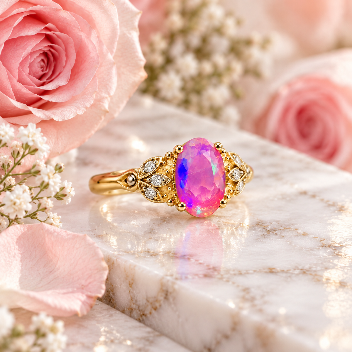 Angled lifestyle photograph of a 5x8mm pink fire opal ring on white marble with blush pink roses, highlighting its iridescent gemstone and vintage floral setting.