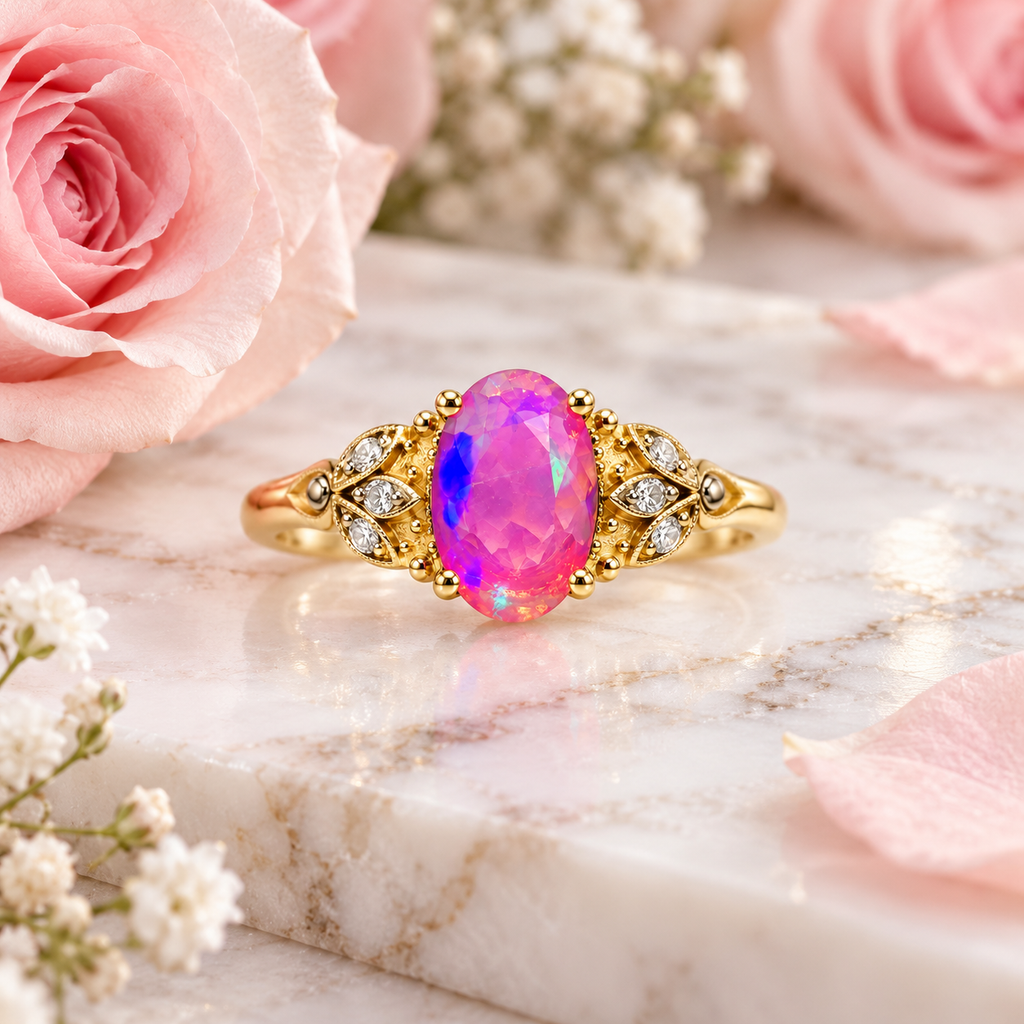 Pink fire opal ring with ornate gold plated leaf accents displayed on white marble surrounded by soft pink roses and delicate white flowers.