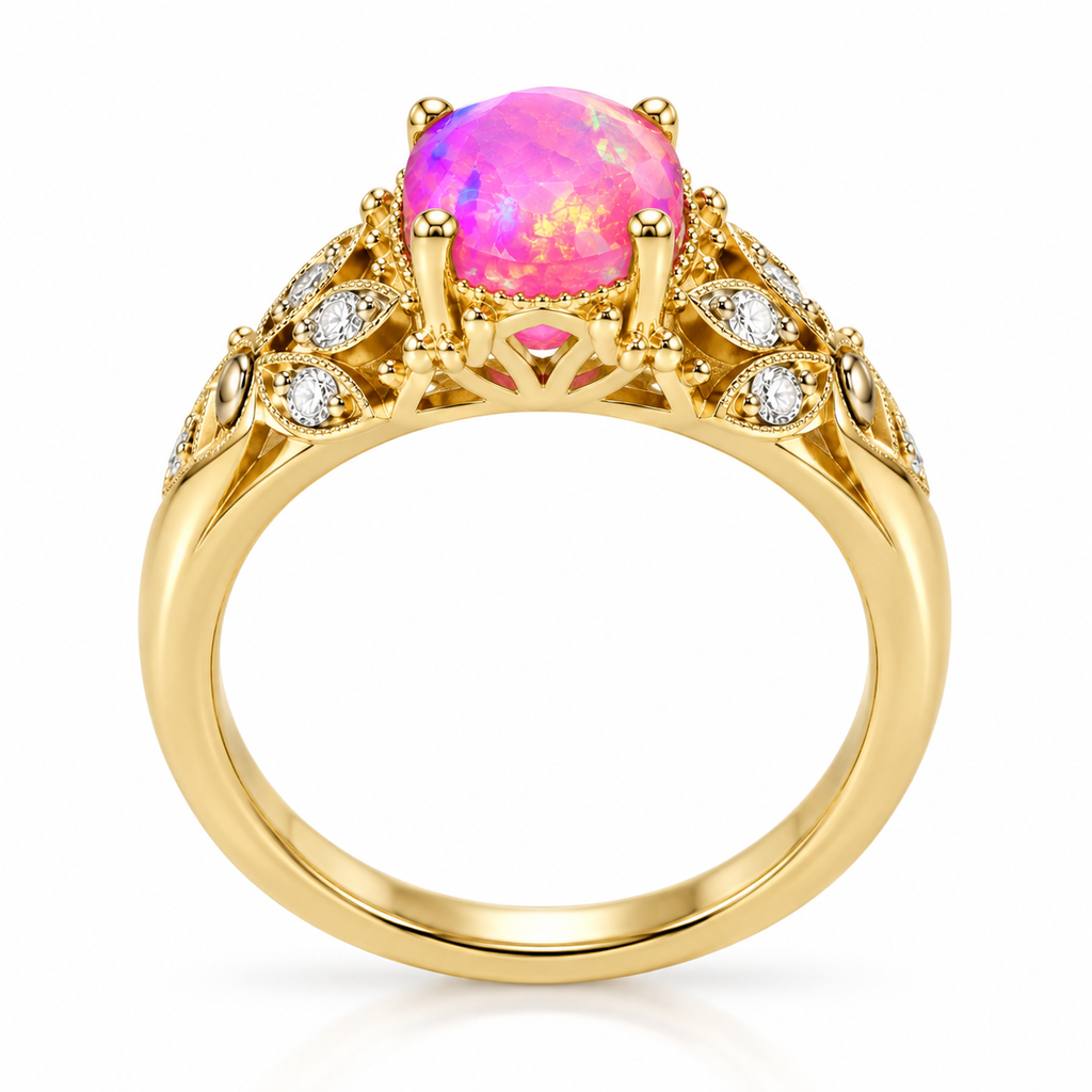 Side profile of a 5x8mm pink fire opal ring showing the raised gemstone setting, decorative floral shoulders, and polished gold plated band.