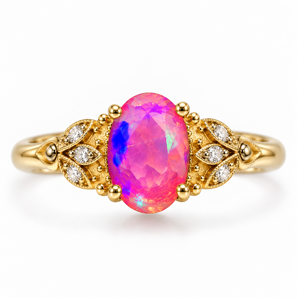 Top view of a pink fire opal gemstone ring with a 5x8mm oval center stone, symmetrical vintage leaf detailing, and Gold Plated sterling silver band.