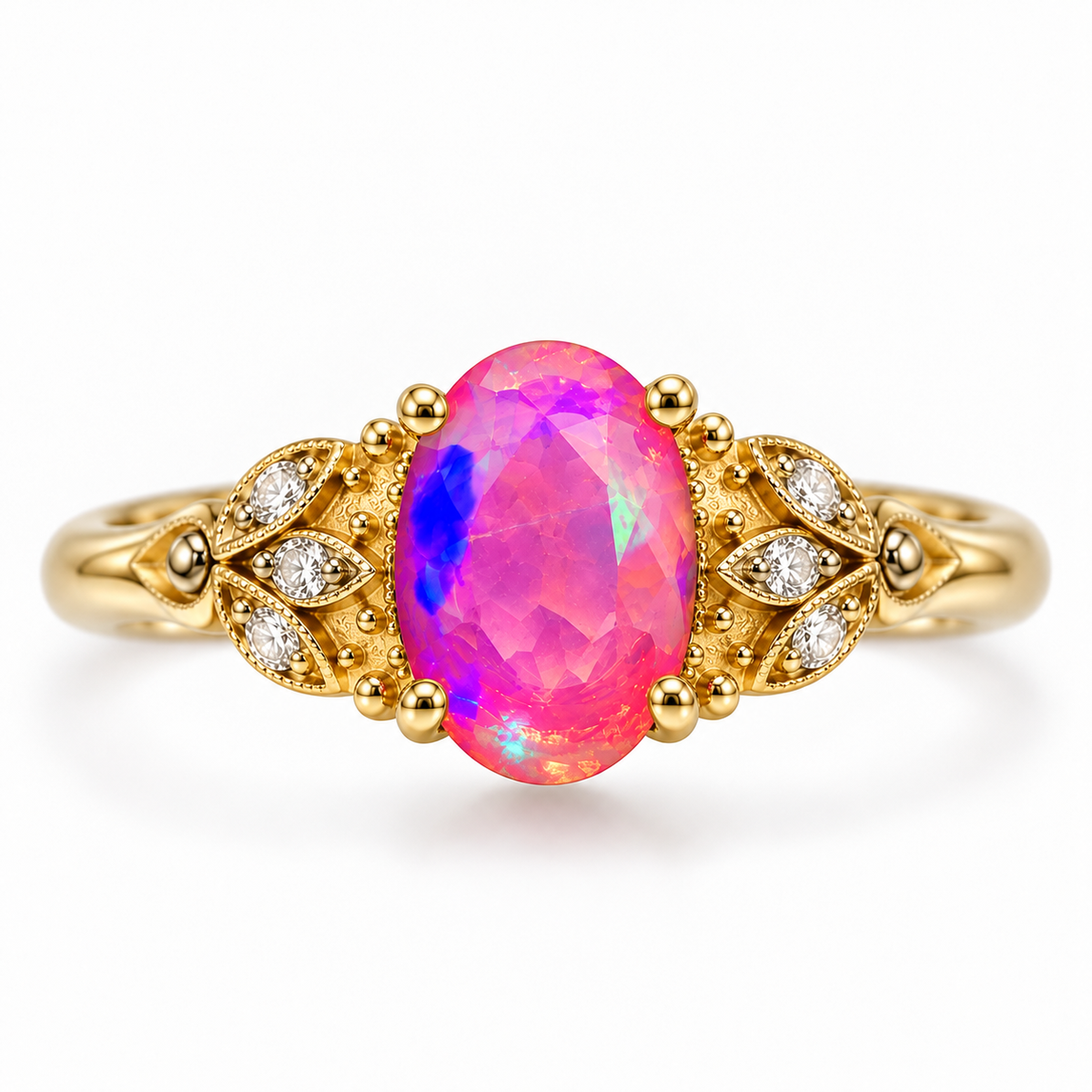 Top view of a pink fire opal gemstone ring with a 5x8mm oval center stone, symmetrical vintage leaf detailing, and Gold Plated sterling silver band.