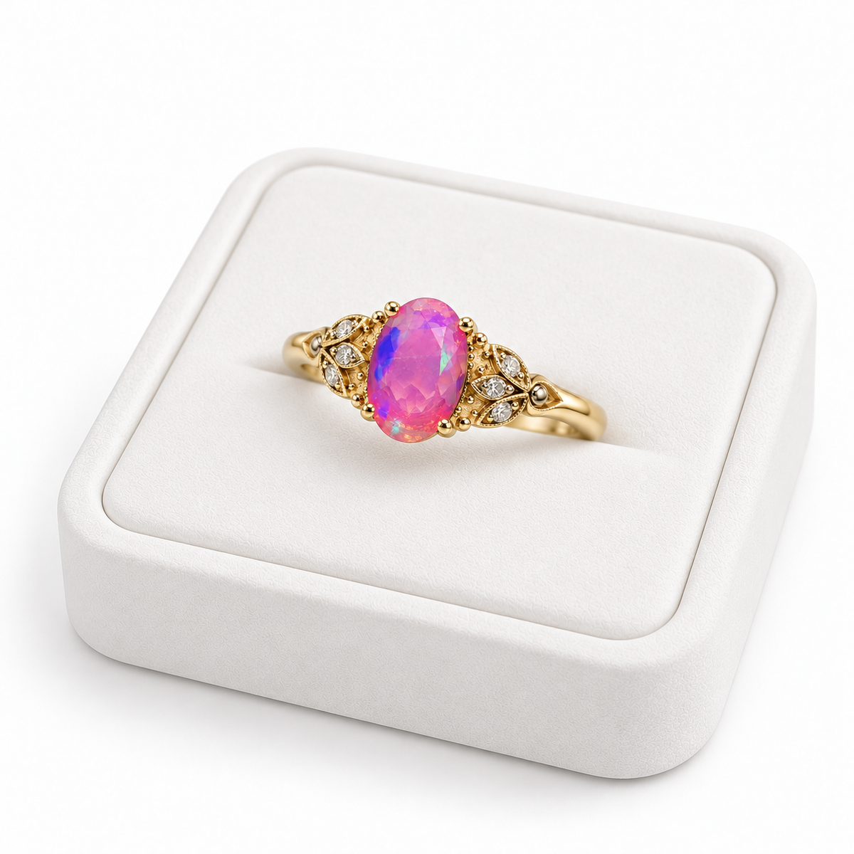 Angled presentation of a 5x8mm pink fire opal ring on a white velvet tray showing the decorative gold plated leaf design and colorful oval gemstone.