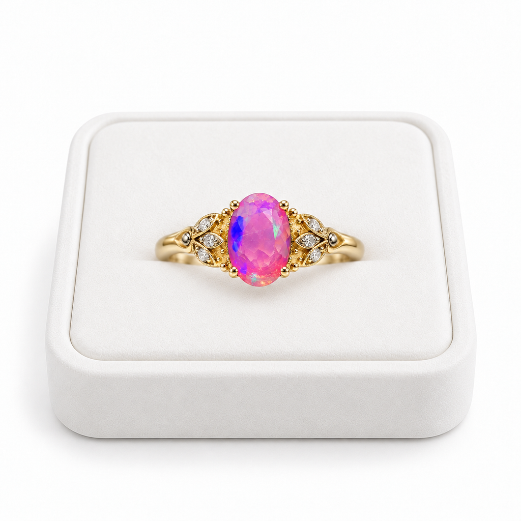 Gold Plated pink fire opal ring with a 5x8mm oval gemstone displayed on a white velvet jewelry tray against a clean white background.
