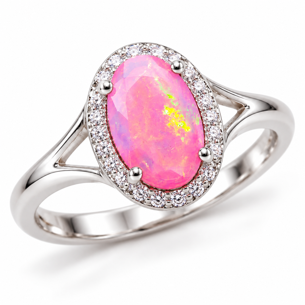 Angled view of a pink fire opal halo ring showing the oval center gemstone, surrounding clear accent stones, and split-shank band.