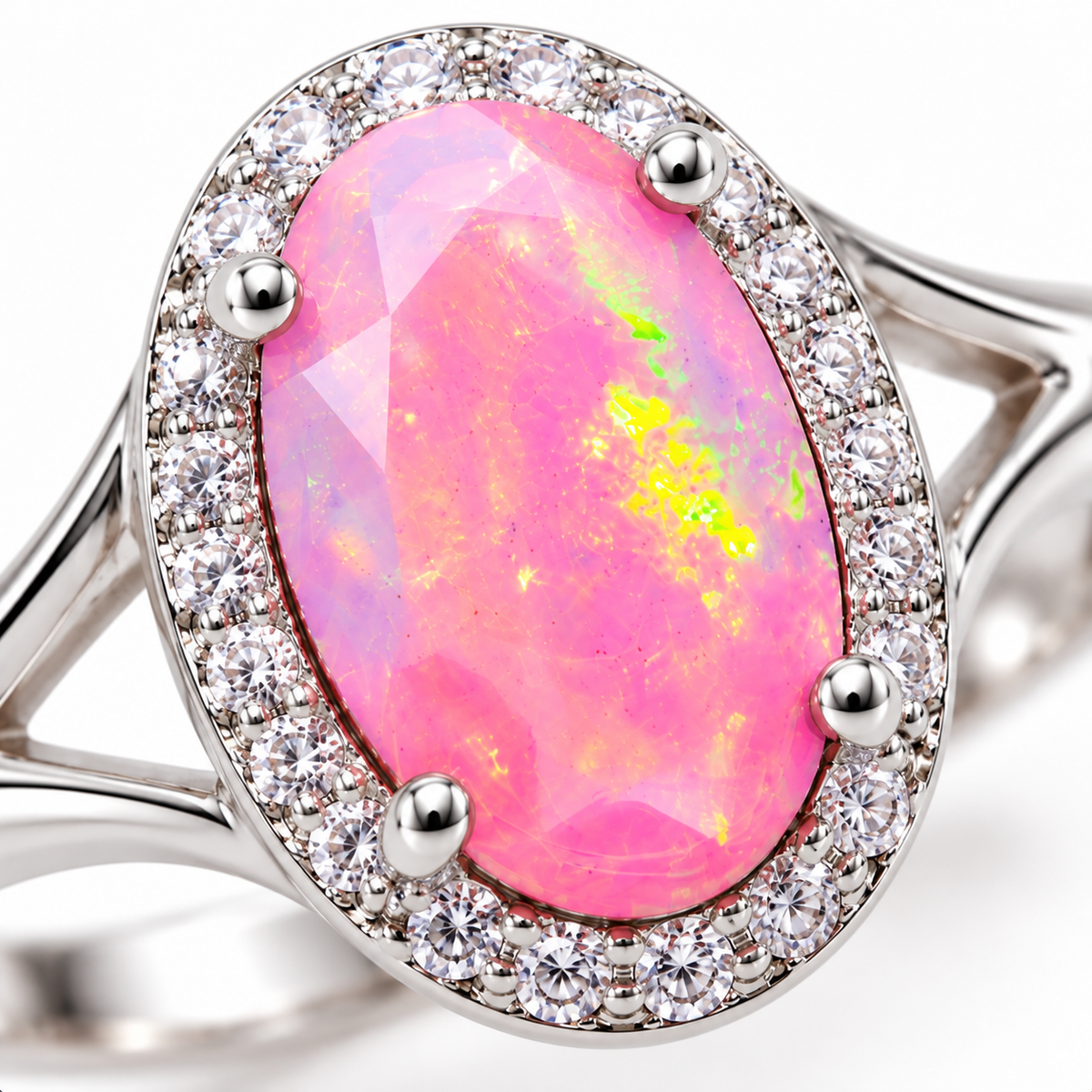 Close-up of the 6x9mm pink fire opal center showing pink color with visible yellow and green flashes.