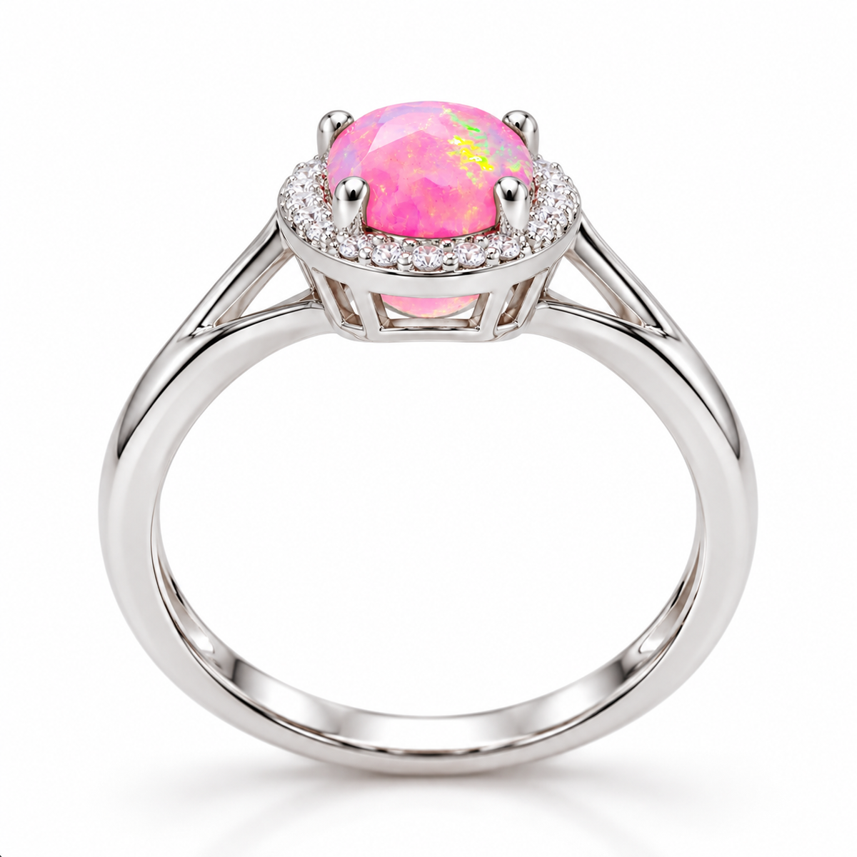 Side view of a pink fire opal ring showing the raised gemstone setting and split-shank band.