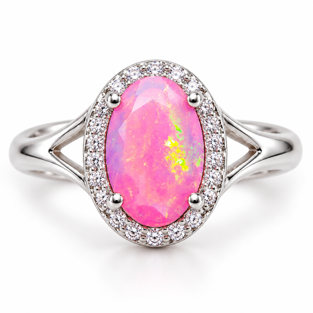 6x9mm Pink Fire Opal Halo Ring with Split Shank Design