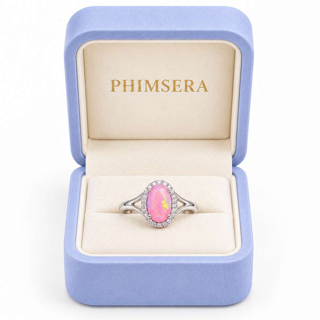 Pink fire opal halo ring displayed in a Phimsera jewelry box.