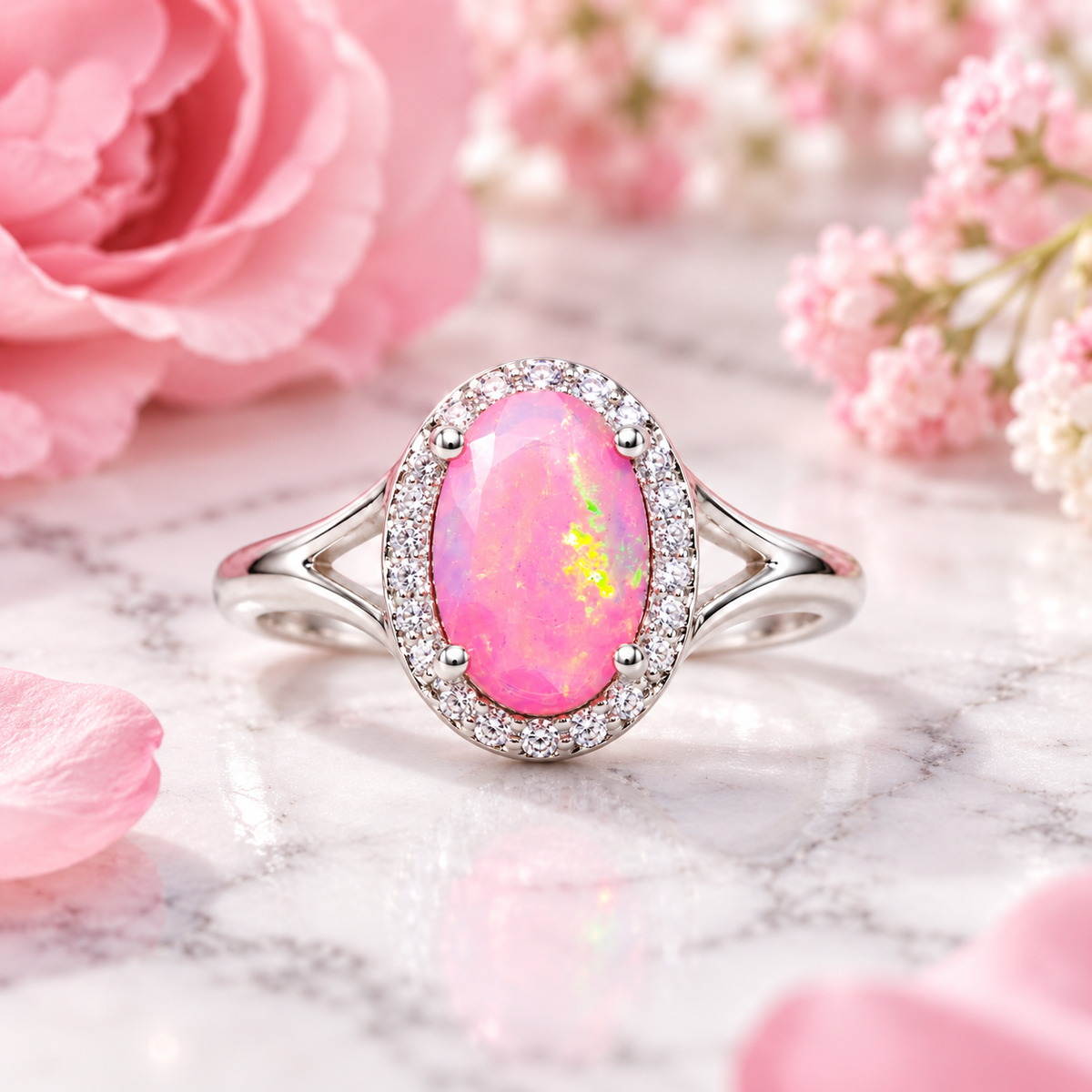 A silver ring featuring an oval pink opal center stone surrounded by a halo of small clear stones, displayed on a white marble surface with pink rose petals and flowers in the background.