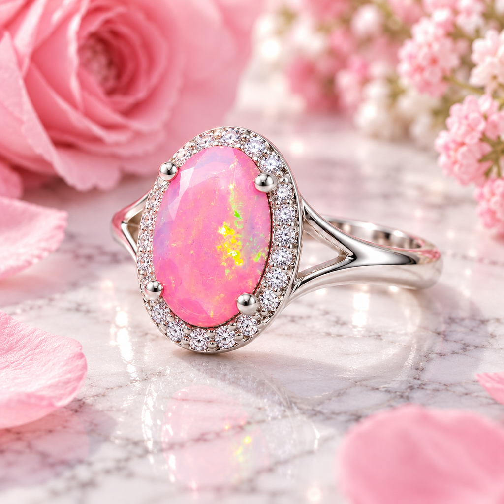A silver-toned ring with an oval pink opal center stone and a halo of small clear stones, styled on a marble surface with pink rose petals and flowers.