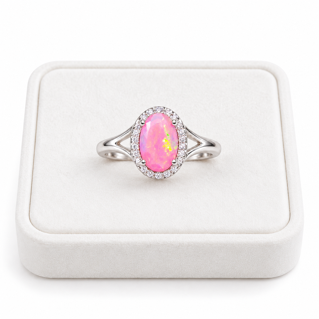 Pink fire opal ring displayed on a white velvet jewelry tray against a clean white background.