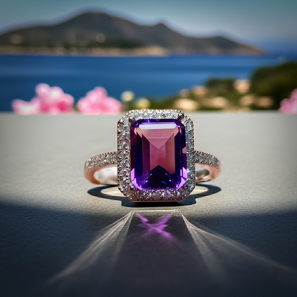 2CT 7x9mm Emerald Cut Amethyst Ring 925 gift