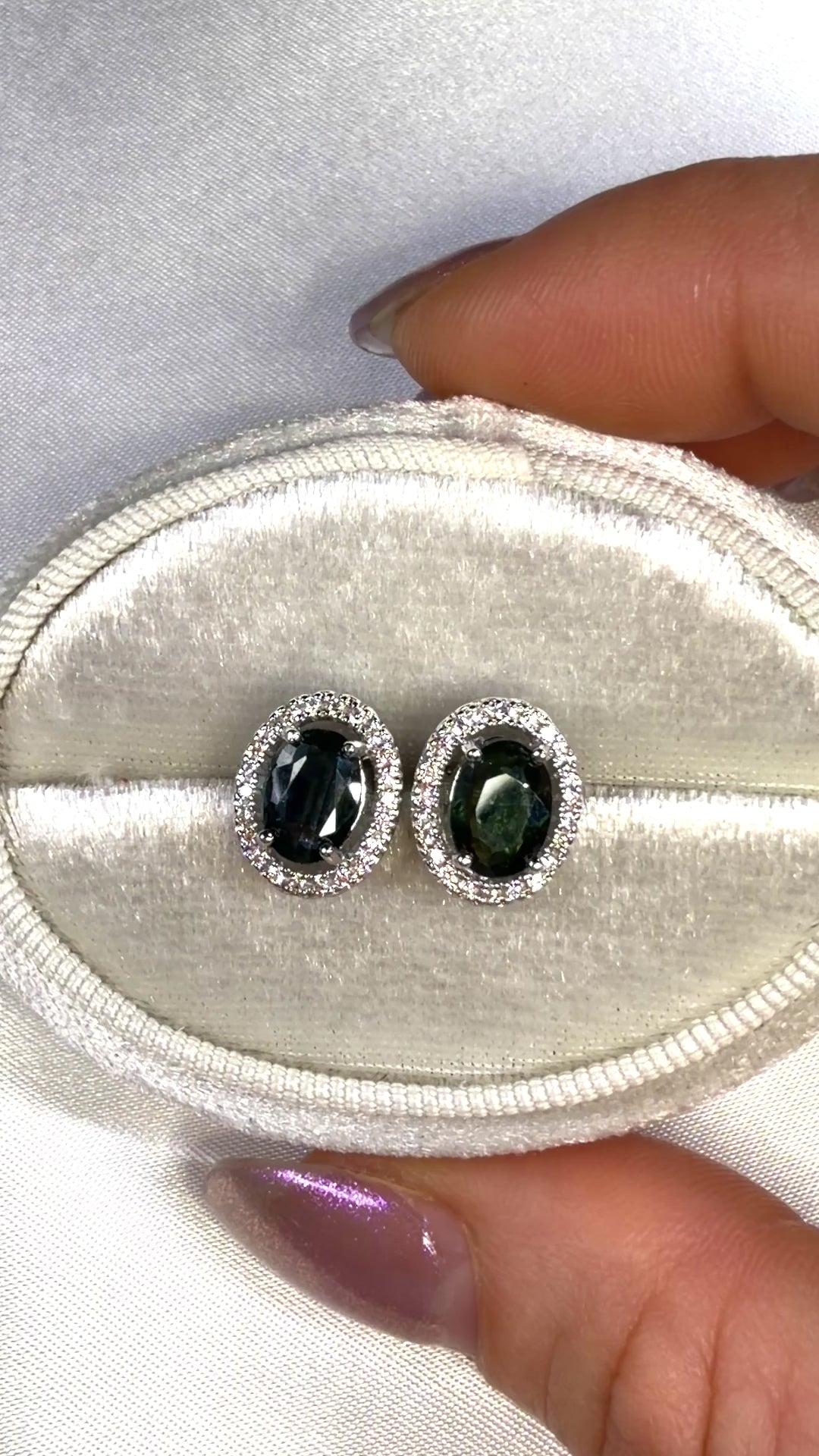 Natural Black Sapphire Stud Earrings 5x7mm Platinum Plated