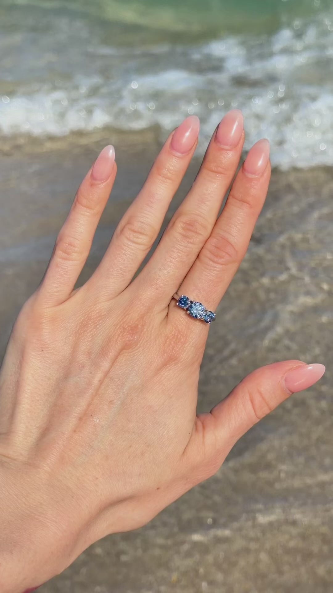 VVS1 Blue Moissanite 3 Stone Ring 925 Sterling Silver