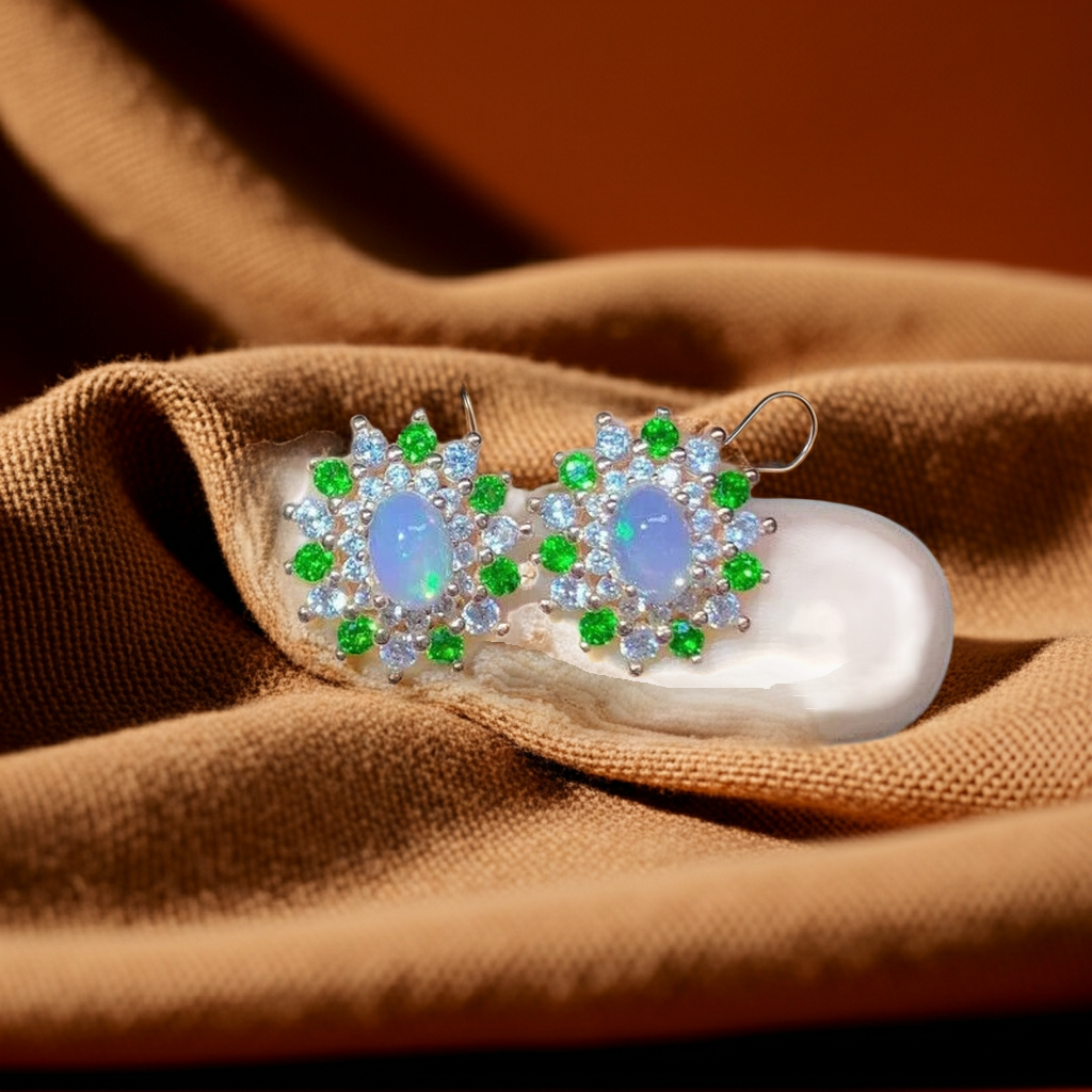 White Fire Opal and Chrome Diopside Flower Stud Earrings