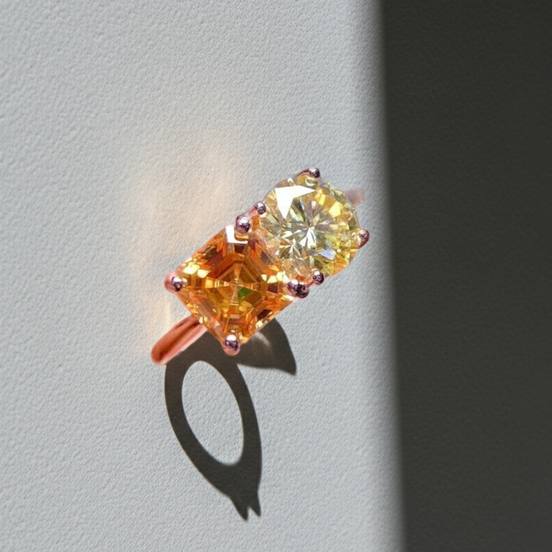 VVS1 Yellow Moissanite Square and Round Cut Ring 6mm