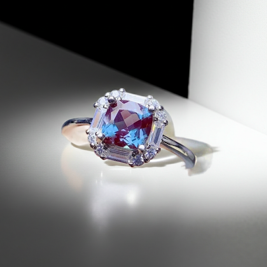 Cushion Cut Lab Alexandrite Gemstone Ring 6mm