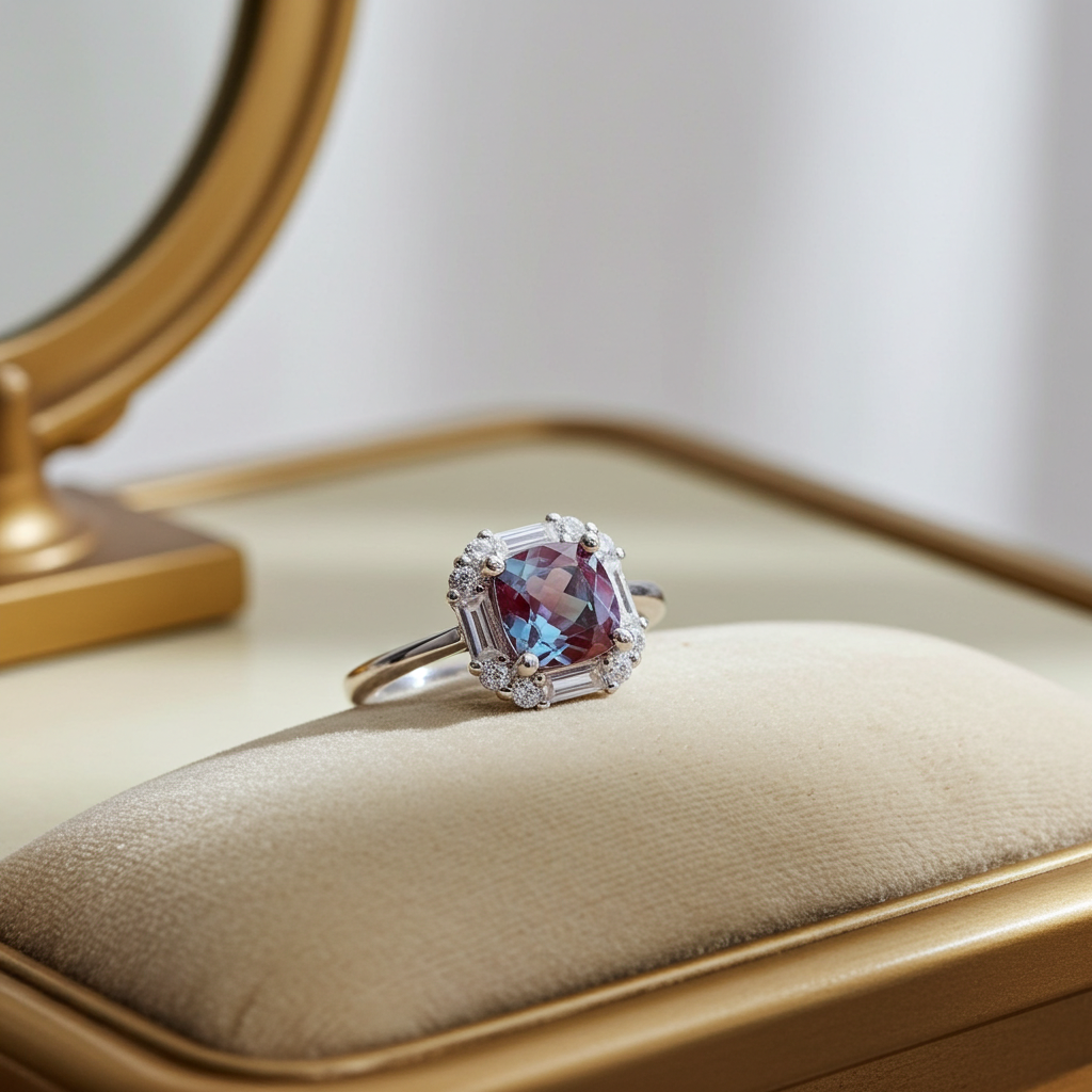 Cushion Cut Lab Alexandrite Gemstone Ring 6mm
