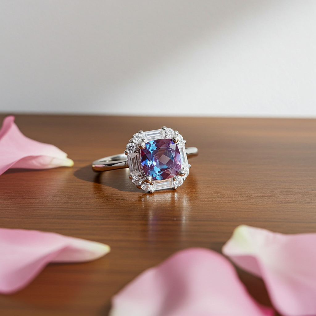 Cushion Cut Lab Alexandrite Gemstone Ring 6mm