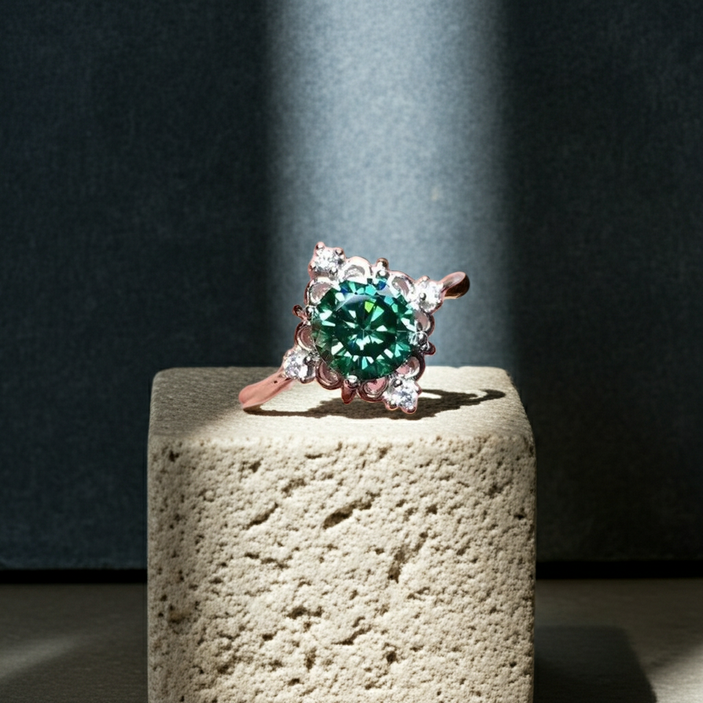 VVS1 1 CT Round Brilliant Cut Green Moissanite Flower Ring