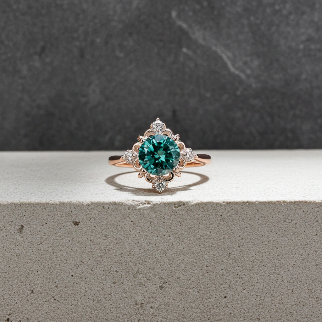 VVS1 1 CT Round Brilliant Cut Green Moissanite Flower Ring