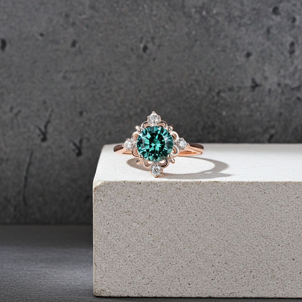 VVS1 1 CT Round Brilliant Cut Green Moissanite Flower Ring