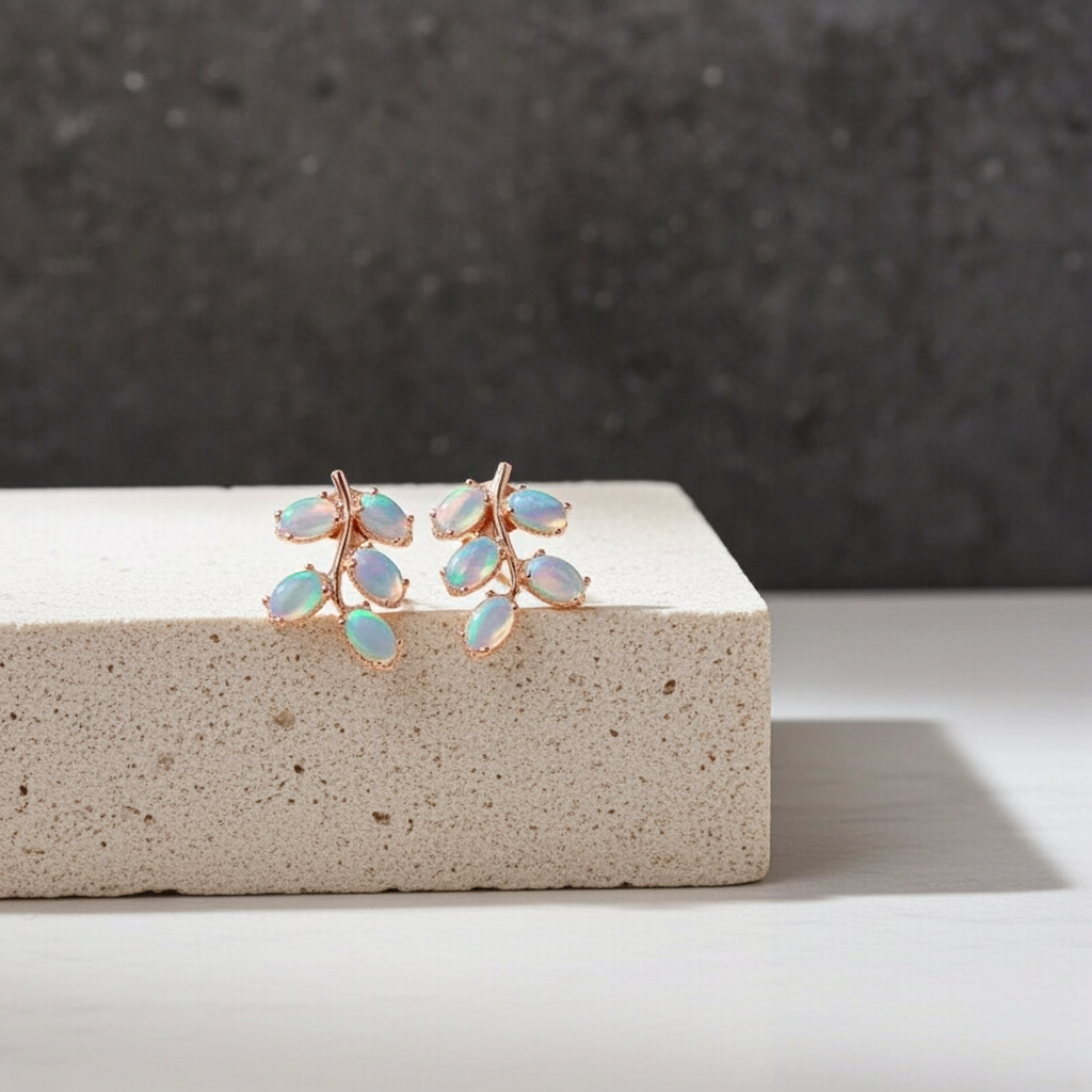 Natural Fire Opal Leaf Stud Earrings 925 Sterling Silver