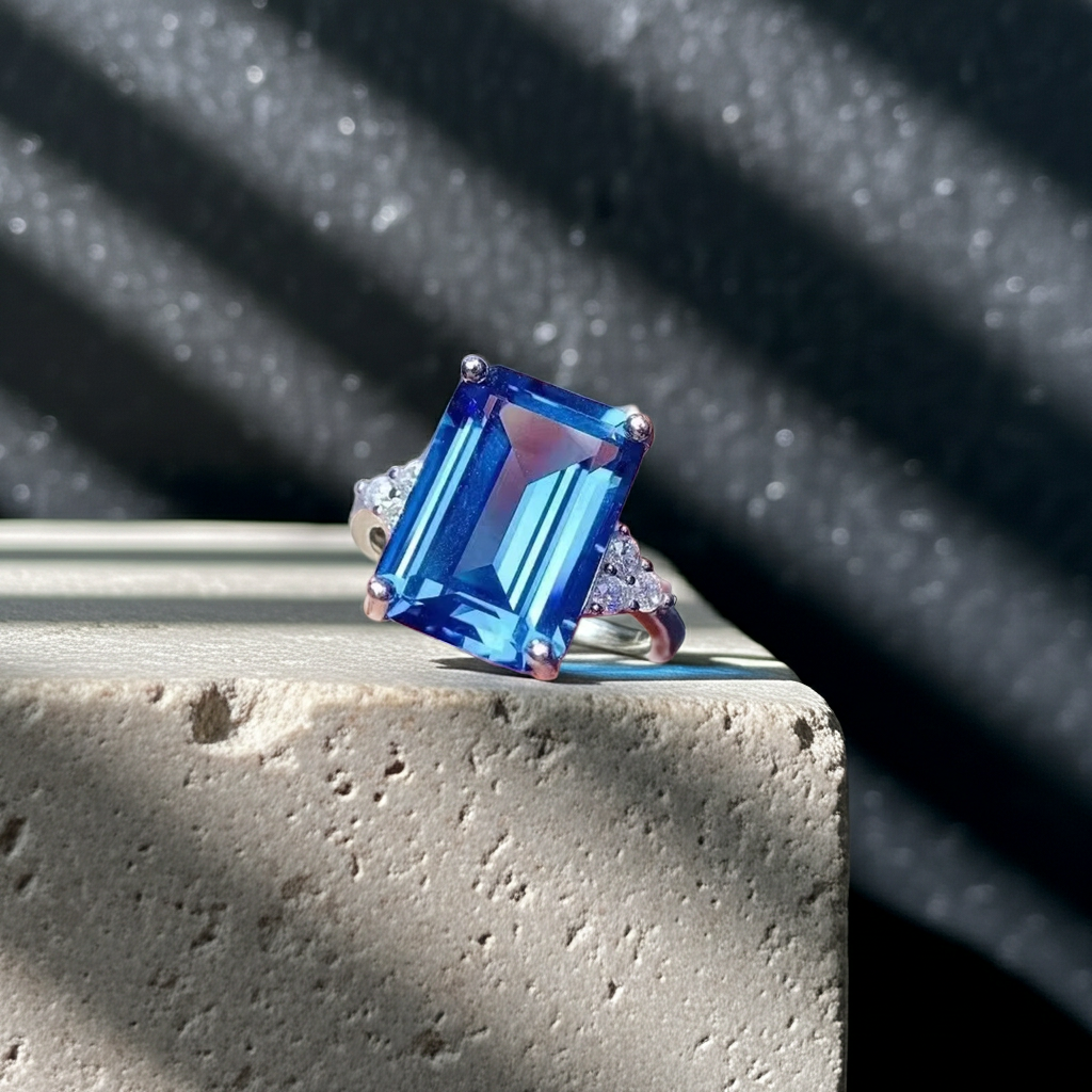 Natural London Blue Topaz ring featuring a genuine 10x14mm emerald-cut gemstone with trillion-cut cubic zirconia side stones in platinum-plated 925 sterling silver, front view.