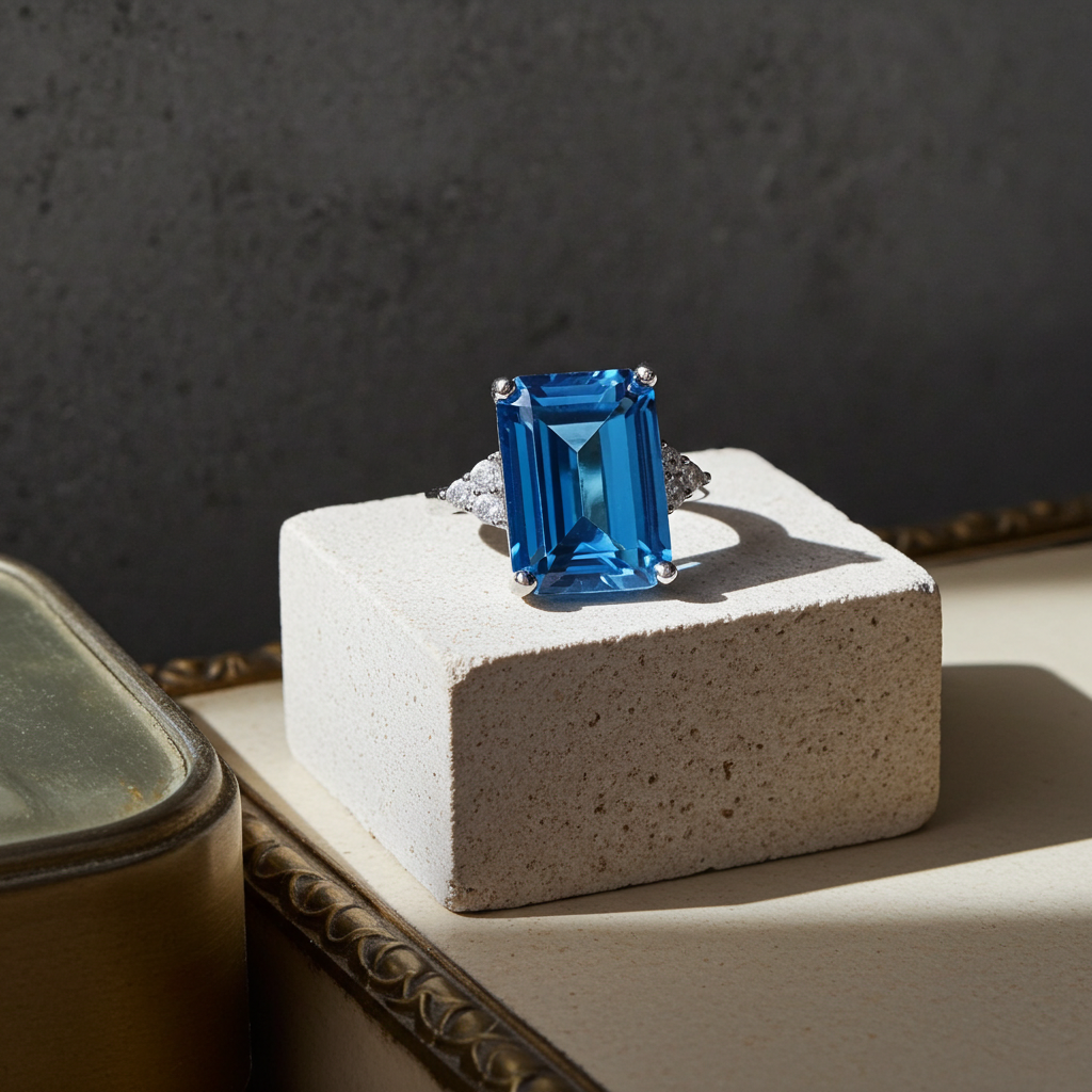 Natural London Blue Topaz ring featuring a genuine 10x14mm emerald-cut gemstone with trillion-cut cubic zirconia side stones in platinum-plated 925 sterling silver, front view.