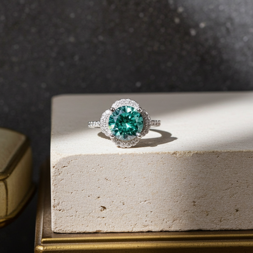 2 Carat Green Moissanite Flower Ring 8mm