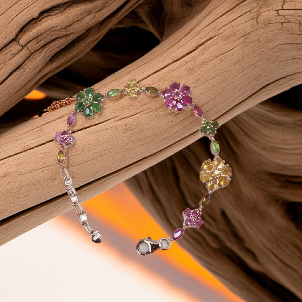 Natural Brazilian Tourmaline Tennis Bracelet, Tourmaline Flower Bracelet