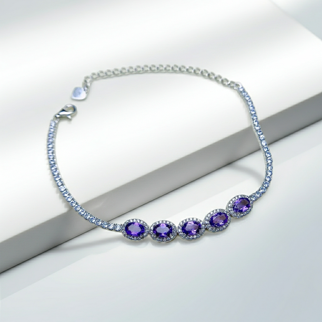 Natural Amethyst and Cubic Zirconia Tennis Bracelet 4x6mm