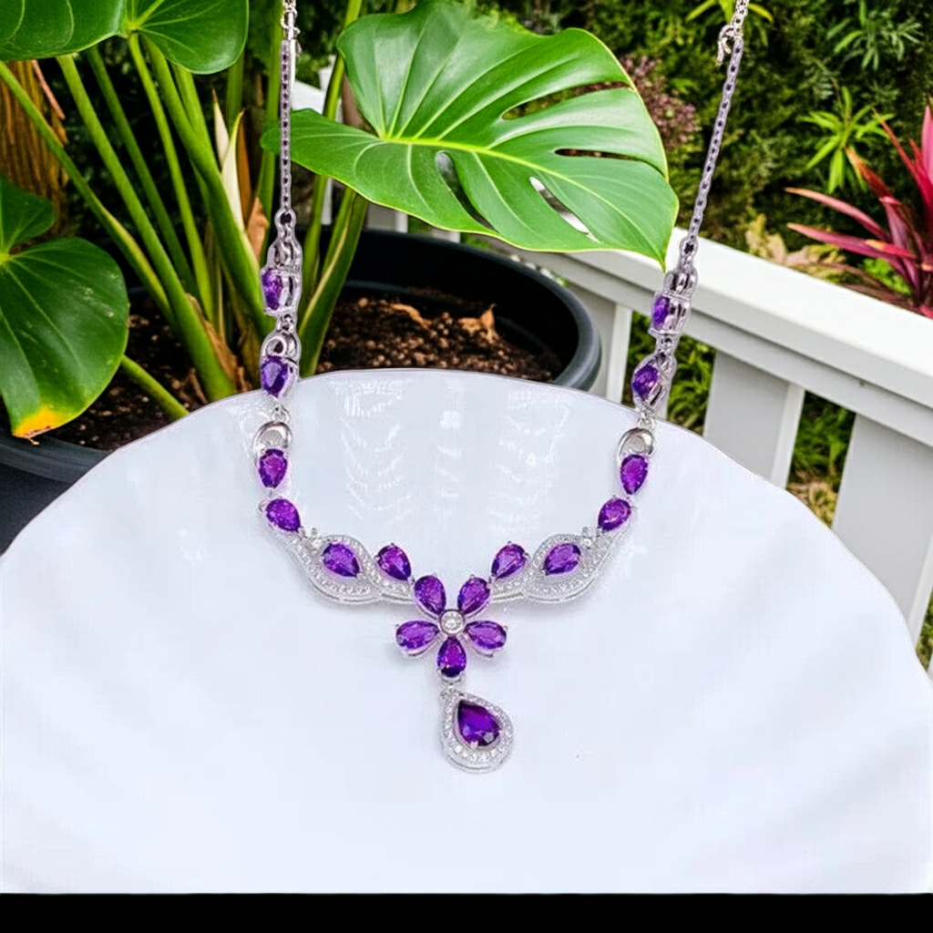 Amethyst Flower Drop Necklace 925 Sterling Silver