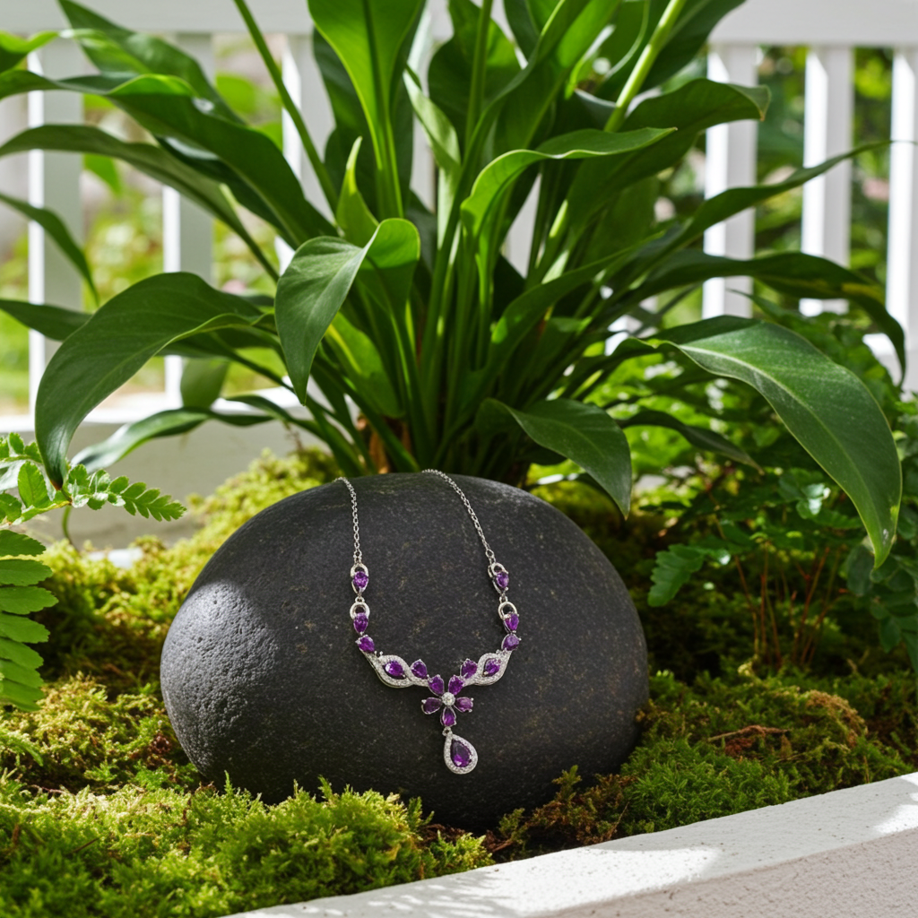 Amethyst Flower Drop Necklace 925 Sterling Silver