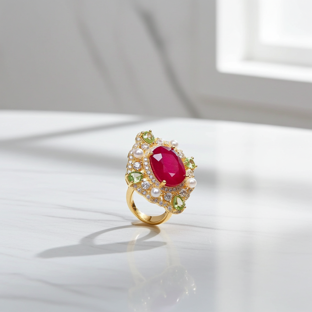 Natural Burma Ruby and Peridot Gemstone Statement Ring