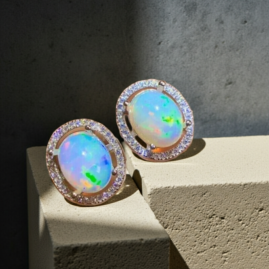 Australian Fire Opal Stud Earrings 8x10mm 925 Sterling Silver