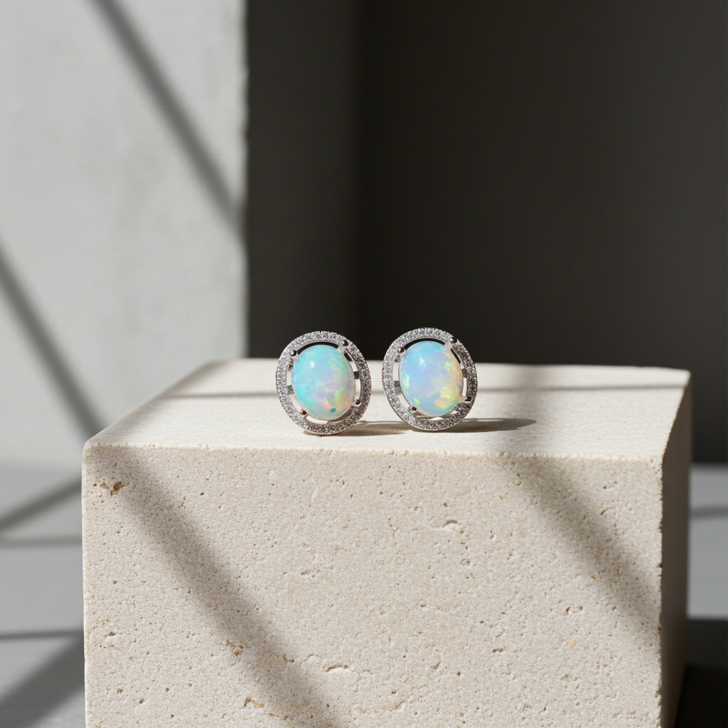 Australian Fire Opal Stud Earrings 8x10mm 925 Sterling Silver