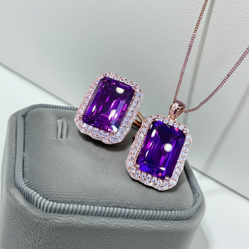 15CT Emerald Cut Amethyst Jewelry Set 10x14mm
