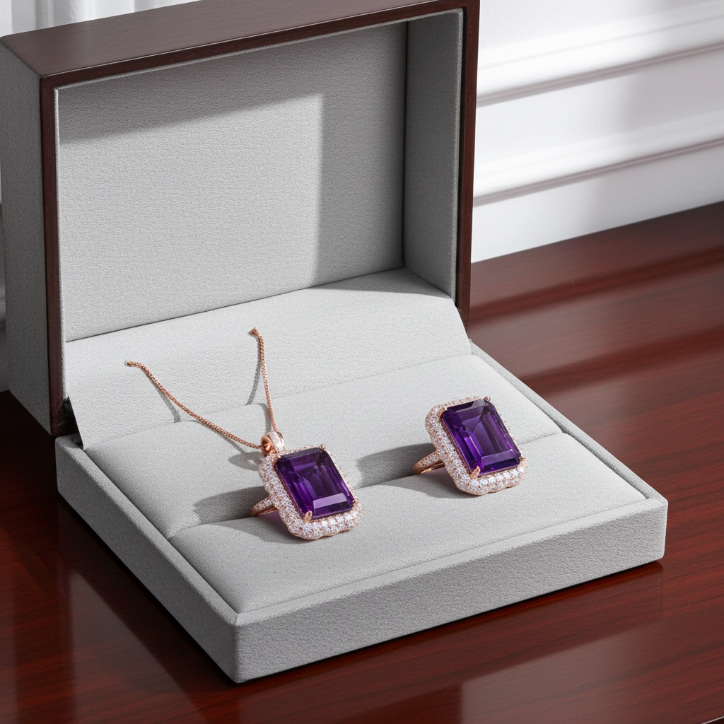 15CT Emerald Cut Amethyst Jewelry Set 10x14mm
