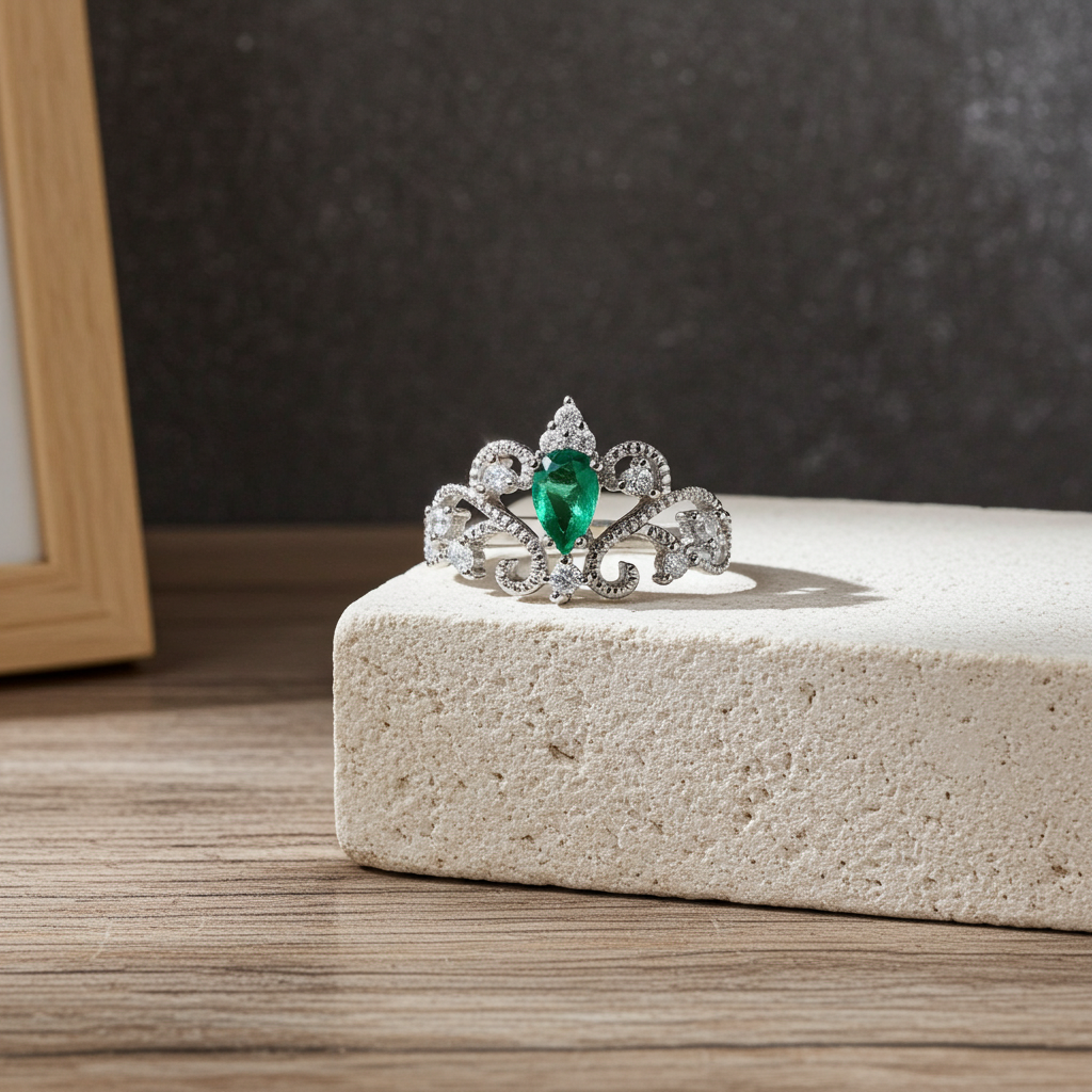 Natural Colombian Emerald Lace Cocktail Ring, Emerald Ring Sterling Silver 4x6mm