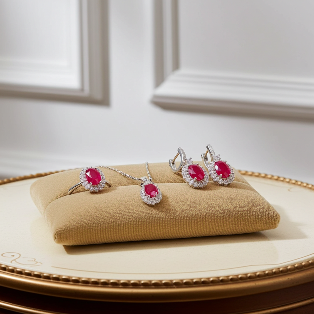 Natural Ruby Jewelry Set 6x8mm Pendant, Earrings, and Ring