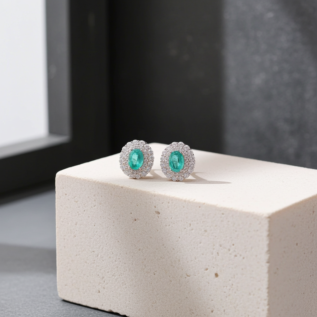 Emerald Cluster Stud Earrings 5x7mm Platinum Plated Silver