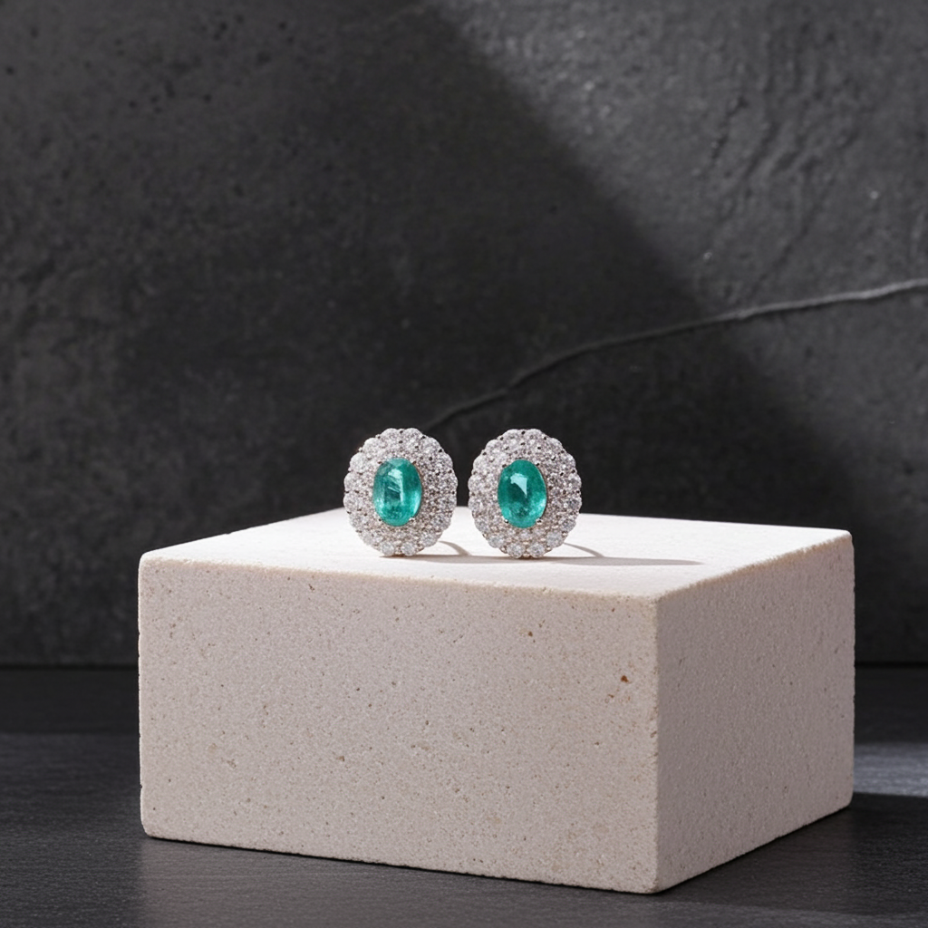Emerald Cluster Stud Earrings 5x7mm Platinum Plated Silver