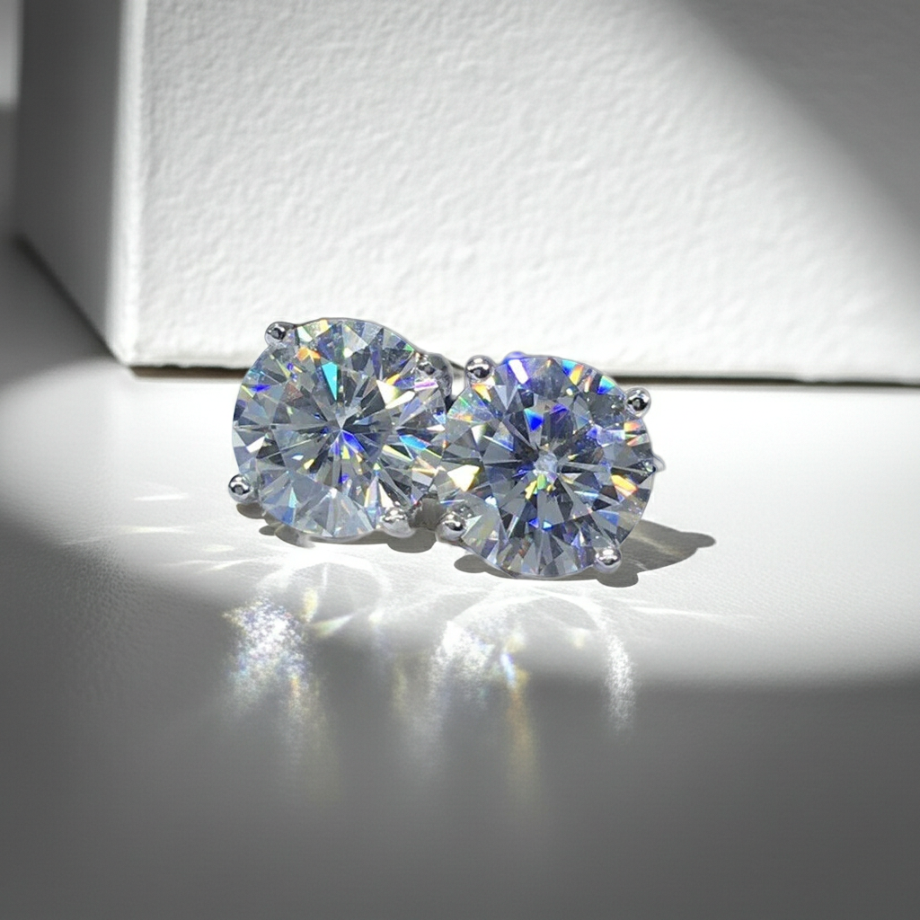 PHIMSERA VVS1 round brilliant moissanite stud earrings in platinum plated 925 sterling silver available in 1CT 2CT or 3CT sizes