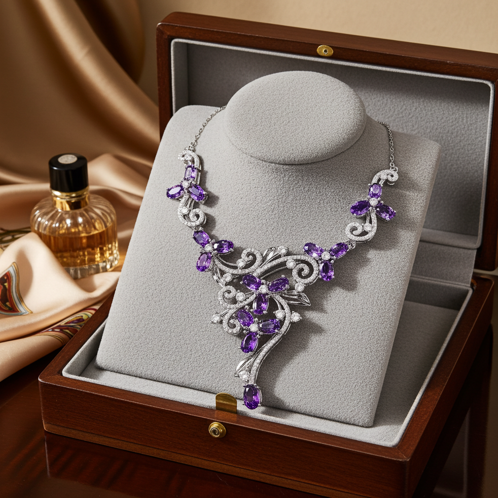 Amethyst Gemstone Flower Statement Necklace 925 Sterling
