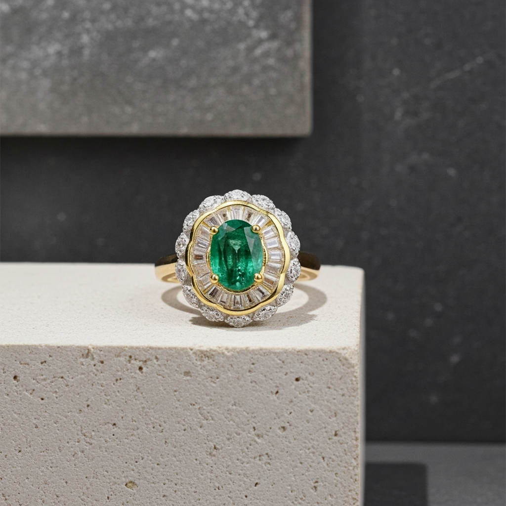 Colombian Emerald Two Tone Cocktail Ring 5x7mm