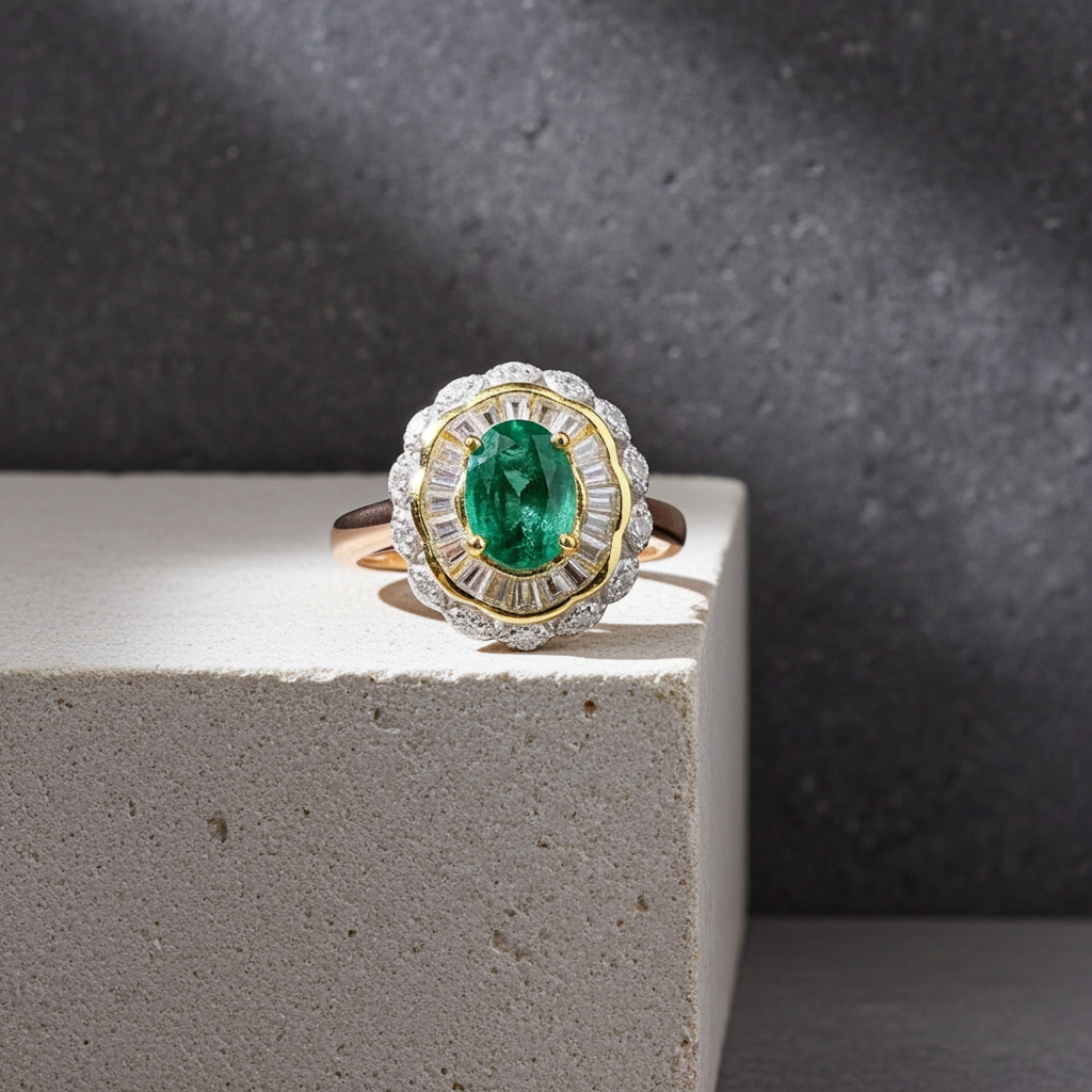 Colombian Emerald Two Tone Cocktail Ring 5x7mm