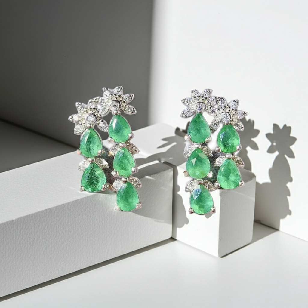 Colombian Emerald Cluster Earrings, Emerald Earrings For Women