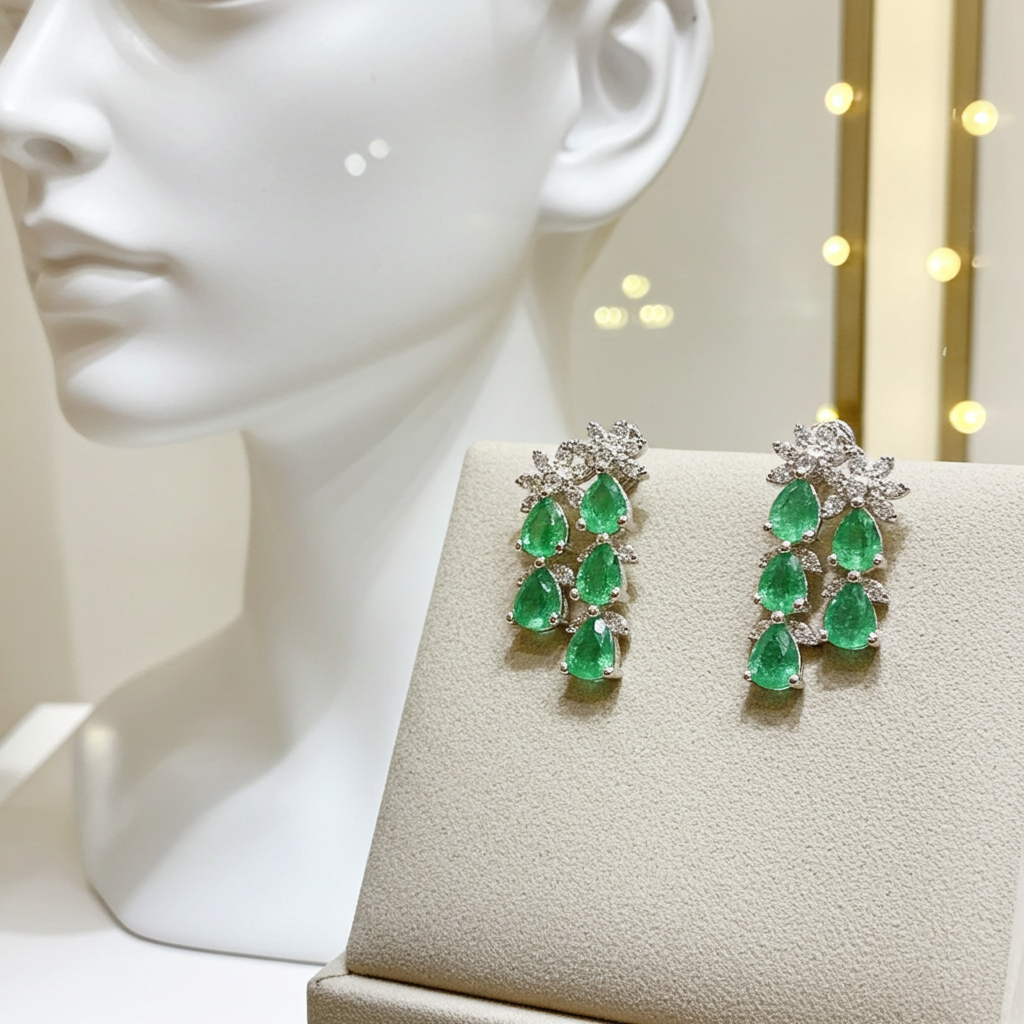 Colombian Emerald Cluster Earrings, Emerald Earrings For Women