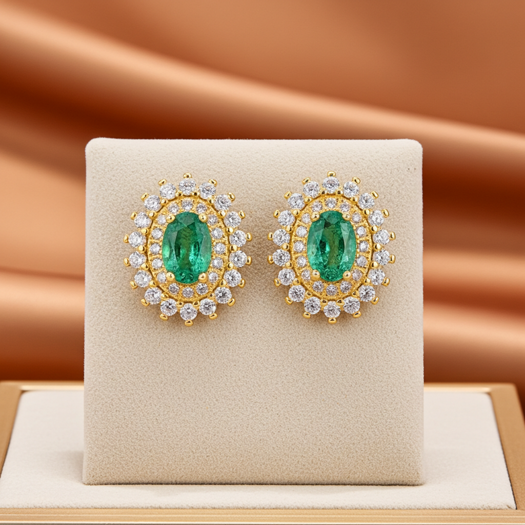 Colombian Emerald Cluster Stud Earrings 4x6mm 14k Gold Plated